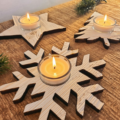 3er Set Teelichthalter Holz Weihnachten – Baum, Schneeflocke oder Stern