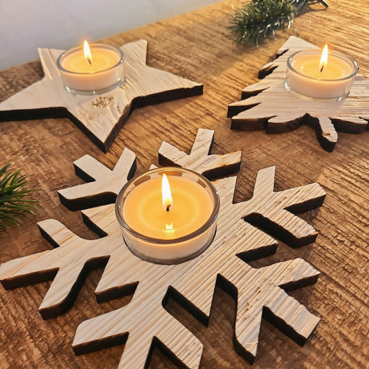 3er Set Teelichthalter Holz Weihnachten – Baum, Schneeflocke oder Stern