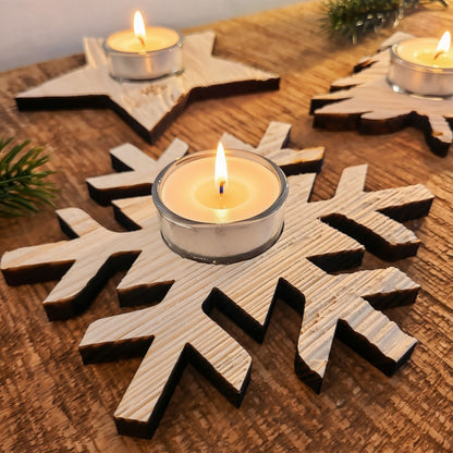 3er Set Teelichthalter Holz Weihnachten – Baum, Schneeflocke oder Stern