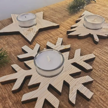 3er Set Teelichthalter Holz Weihnachten – Baum, Schneeflocke oder Stern